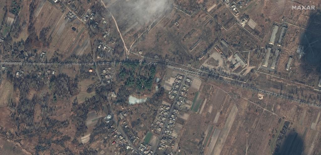 Russian military convoy traveling toward Kyiv, satellite images show