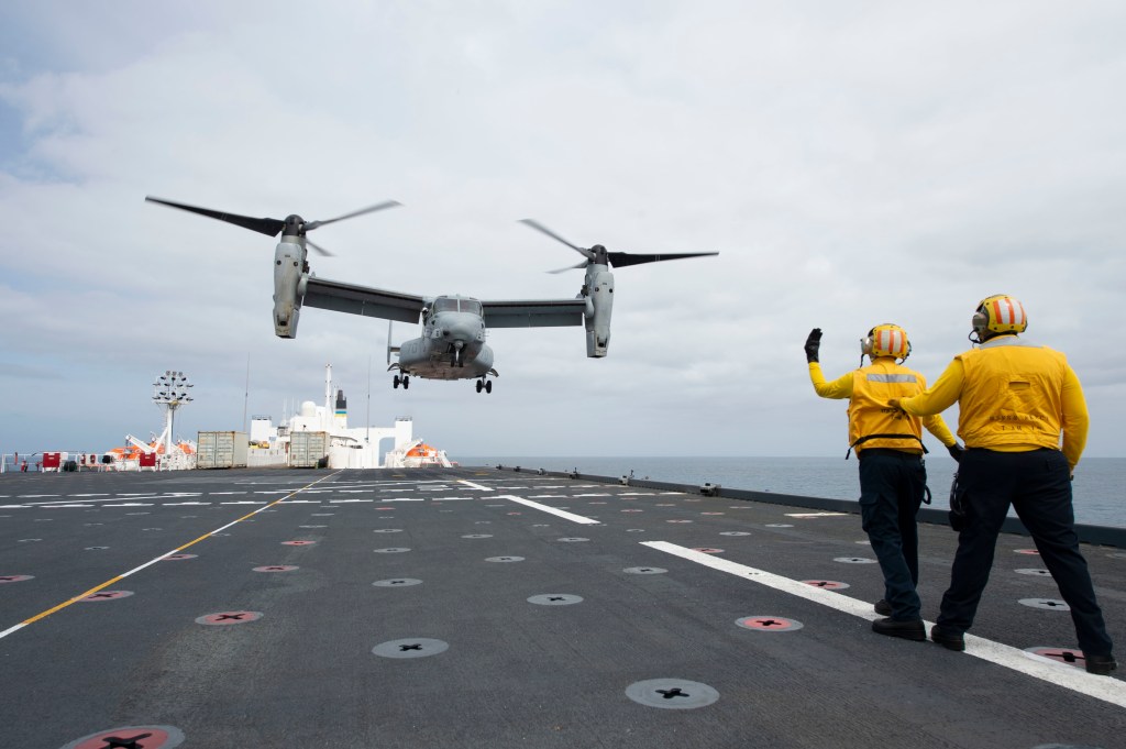 V-22 Osprey conducts inaugural landing on hospital ship Mercy’s new flight deck