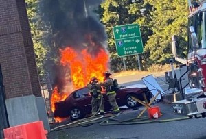 A JBLM gate is closed for repairs after driver ran into it and his car burst into flames
