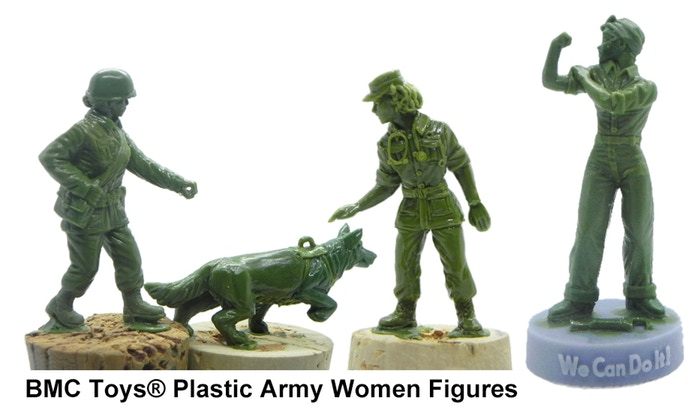 Green plastic Army women set features working dogs and handlers, Rosie the Riveter