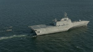 Tug collides with LCS Montgomery, cracks the hull