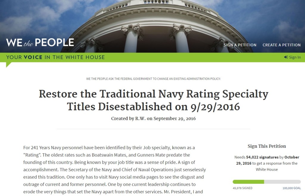 White House petition to restore Navy job titles near halfway mark