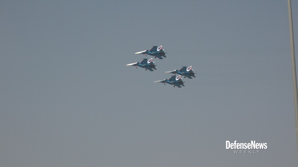 Su-30 “Russian Knights” demo team performs at the Dubai Airshow 2017
